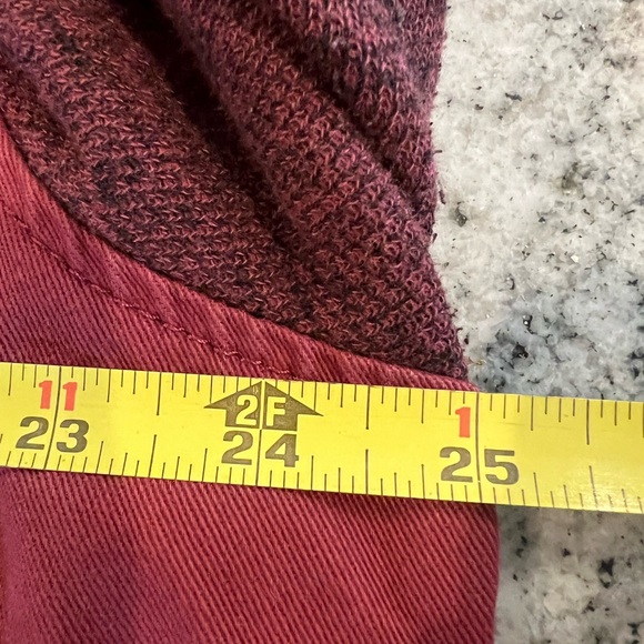 Burgundy Utility Jacket- Denim Bodice, Sweatshirt Sleeves& Hood, Snaps &Pockets - Picture 10 of 10